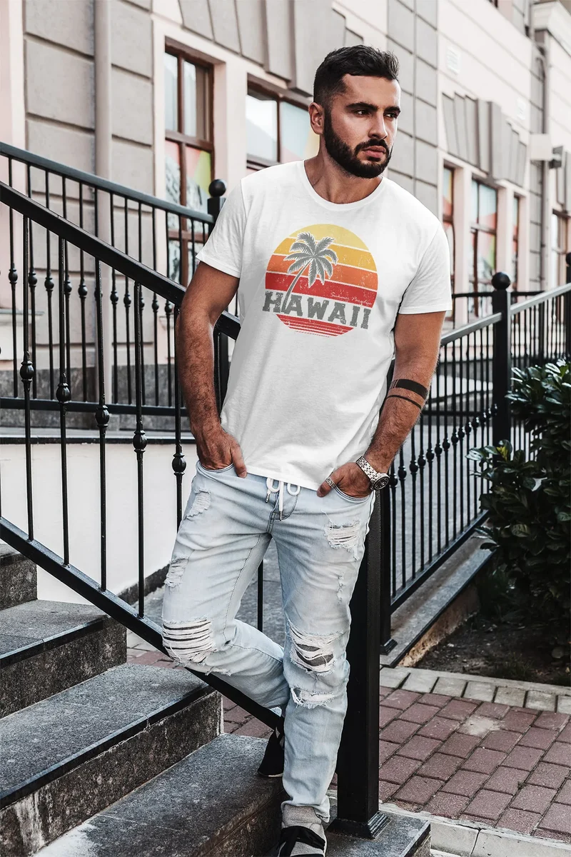 Herren T-Shirt Hawaii Palme Tropical Summer Retro Slim Fit Baumwolle