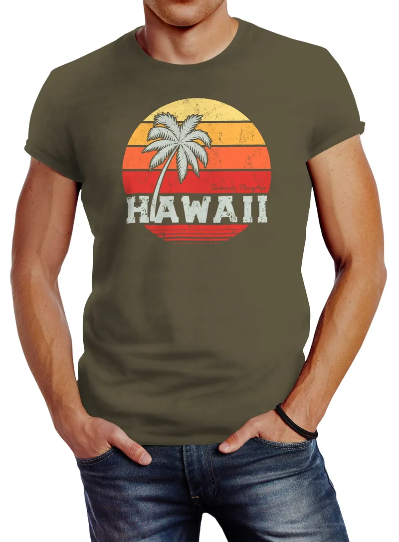 Herren T-Shirt Hawaii Palme Tropical Summer Retro Slim Fit Baumwolle