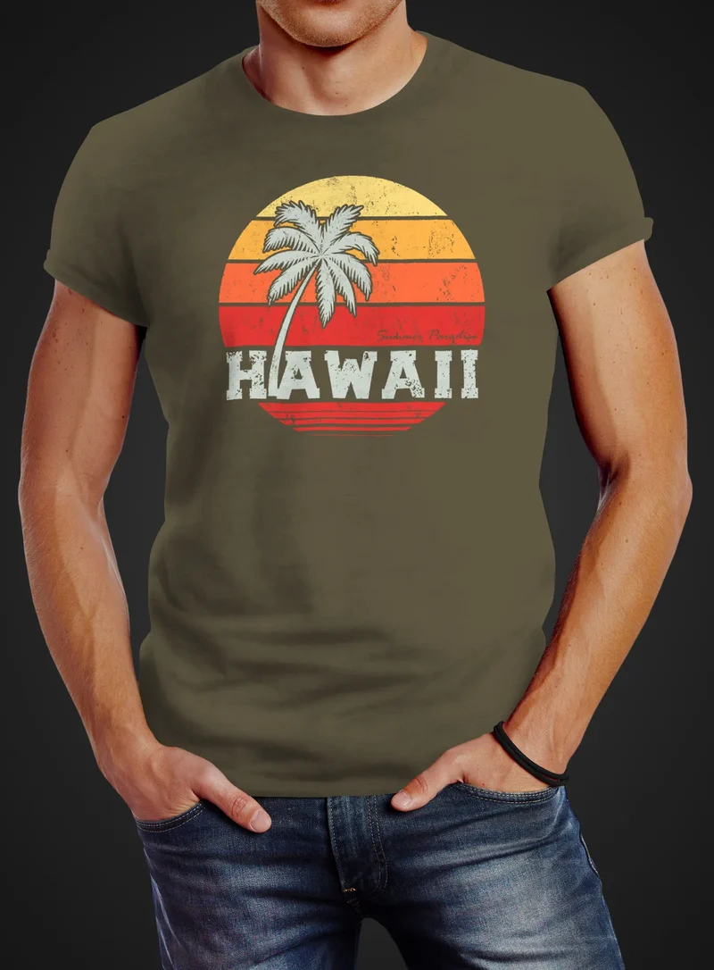 Herren T-Shirt Hawaii Palme Tropical Summer Retro Slim Fit Baumwolle
