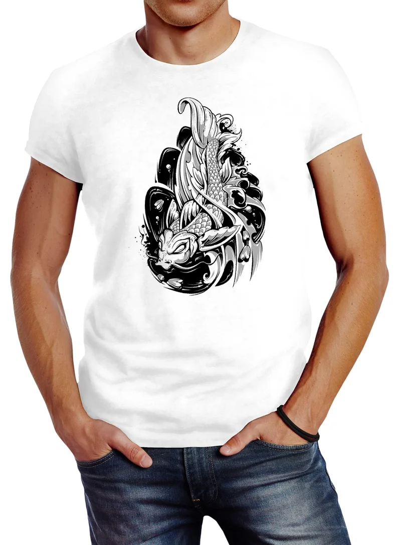 Herren T-Shirt Koi Fisch Japan Japenese Slim Fit Baumwolle