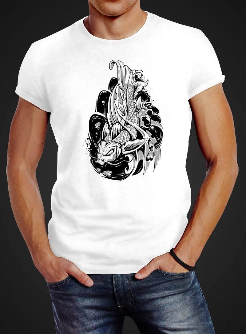 Herren T-Shirt Koi Fisch Japan Japenese Slim Fit Baumwolle