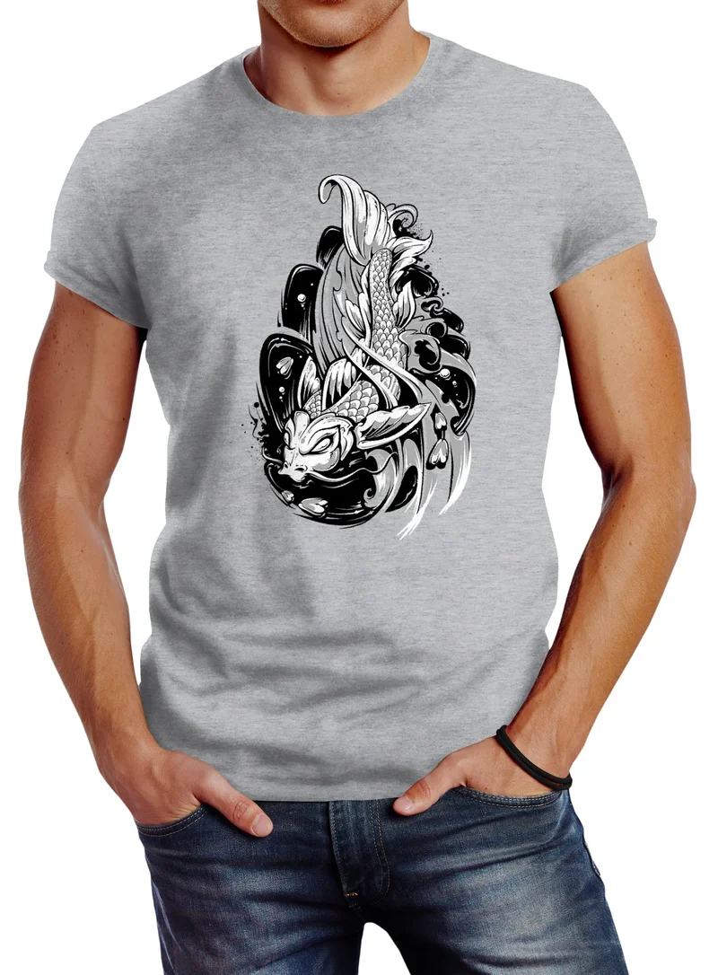 Herren T-Shirt Koi Fisch Japan Japenese Slim Fit Baumwolle