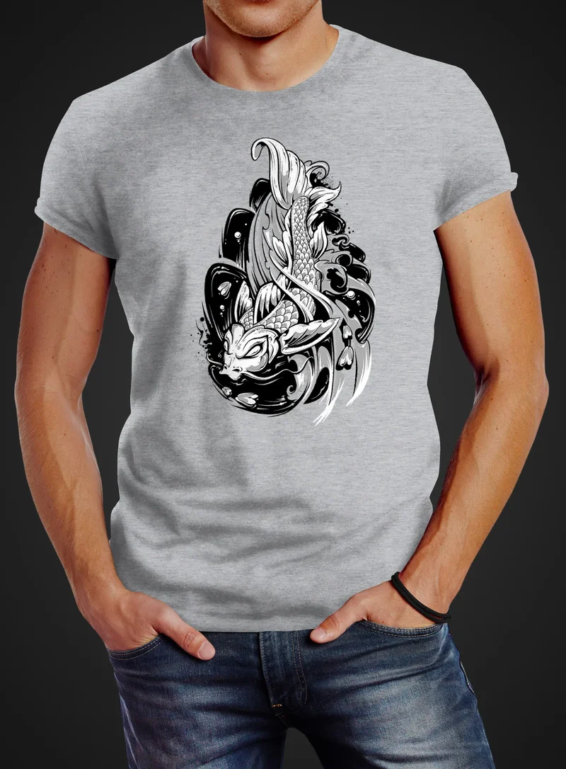 Herren T-Shirt Koi Fisch Japan Japenese Slim Fit Baumwolle