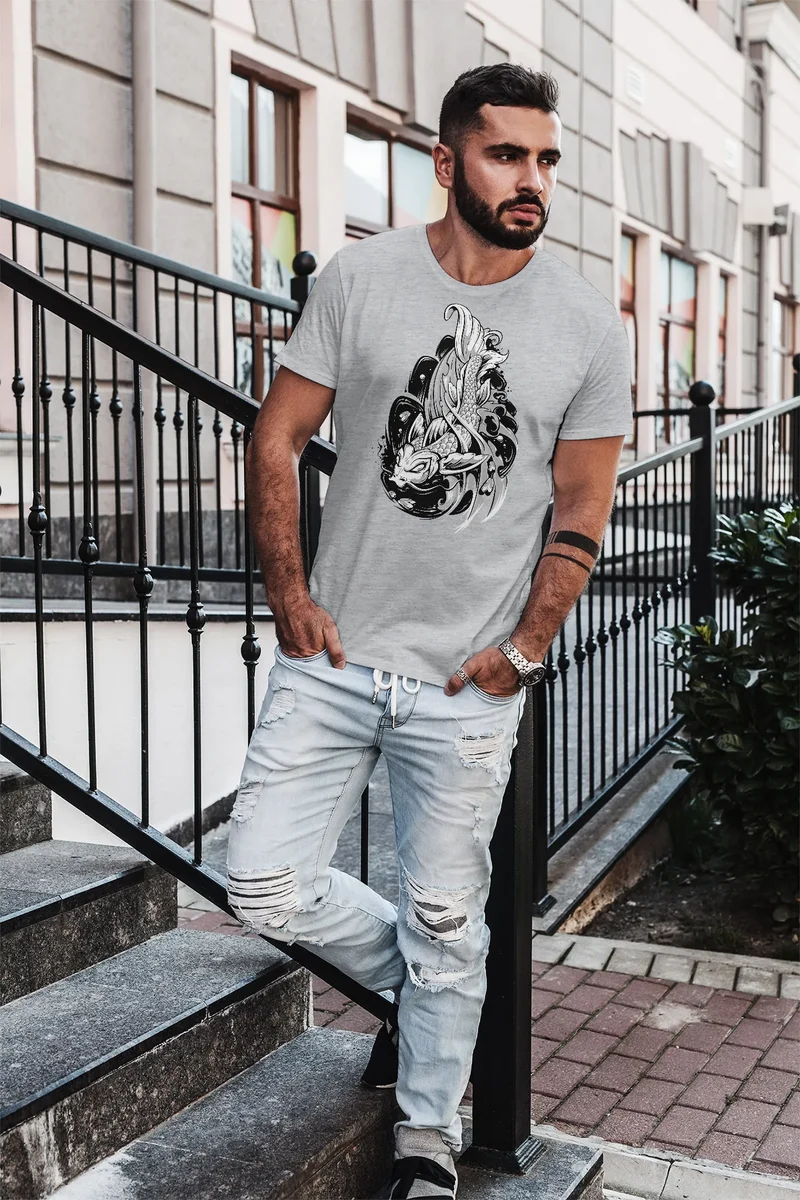 Herren T-Shirt Koi Fisch Japan Japenese Slim Fit Baumwolle
