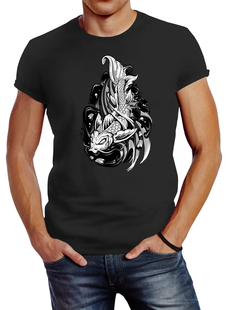 Herren T-Shirt Koi Fisch Japan Japenese Slim Fit Baumwolle