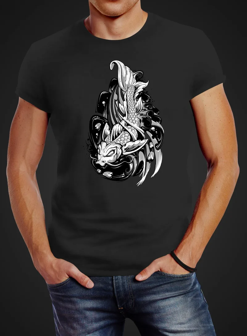 Herren T-Shirt Koi Fisch Japan Japenese Slim Fit Baumwolle