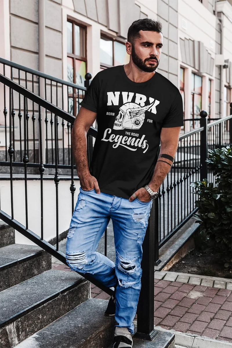Herren T-Shirt Biker Racer Shirt Helmet Wings Motorradhelm Flügel Skull Legends Slim Fit
