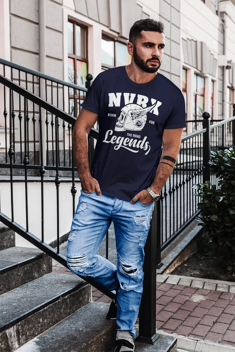 Herren T-Shirt Biker Racer Shirt Helmet Wings Motorradhelm Flügel Skull Legends Slim Fit