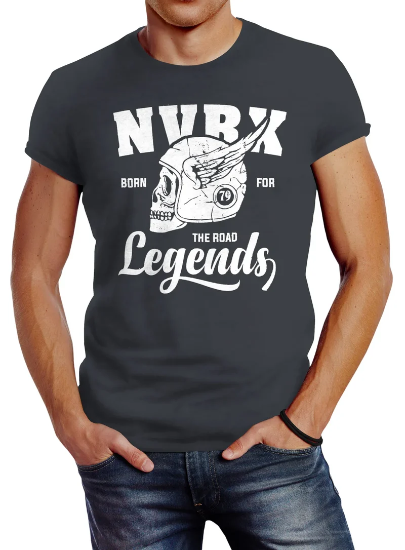 Herren T-Shirt Biker Racer Shirt Helmet Wings Motorradhelm Flügel Skull Legends Slim Fit