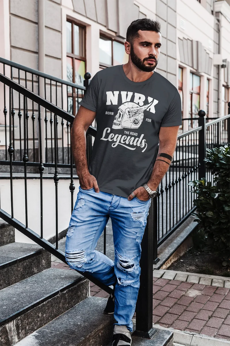 Herren T-Shirt Biker Racer Shirt Helmet Wings Motorradhelm Flügel Skull Legends Slim Fit