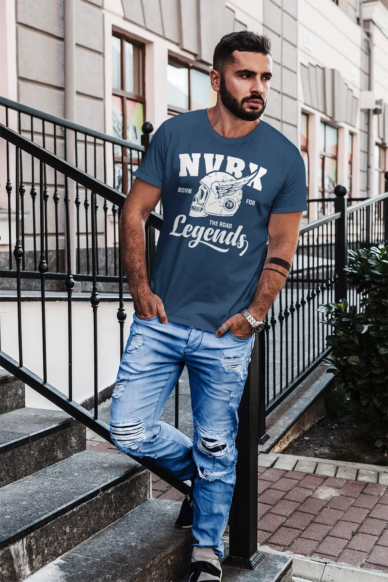 Herren T-Shirt Biker Racer Shirt Helmet Wings Motorradhelm Flügel Skull Legends Slim Fit