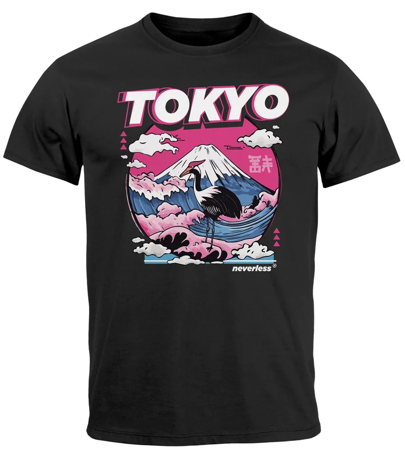 Herren T-Shirt Tokyo Japan Fuji Frontprint Grafik Japanische Schriftzeichen Männer Fashion Streetstyle