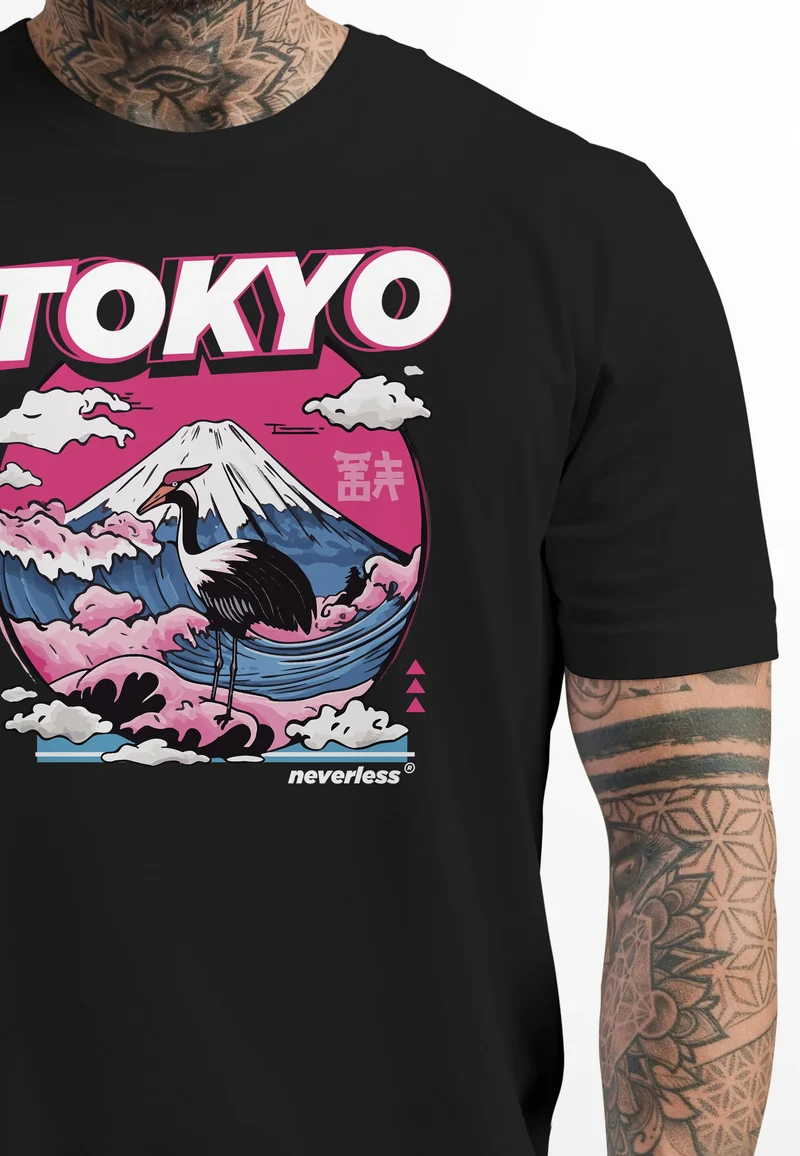 Herren T-Shirt Tokyo Japan Fuji Frontprint Grafik Japanische Schriftzeichen Männer Fashion Streetstyle