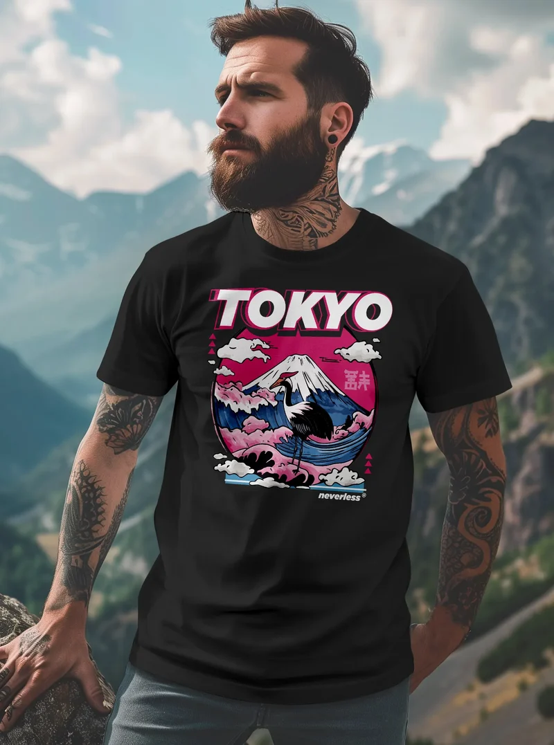 Herren T-Shirt Tokyo Japan Fuji Frontprint Grafik Japanische Schriftzeichen Männer Fashion Streetstyle