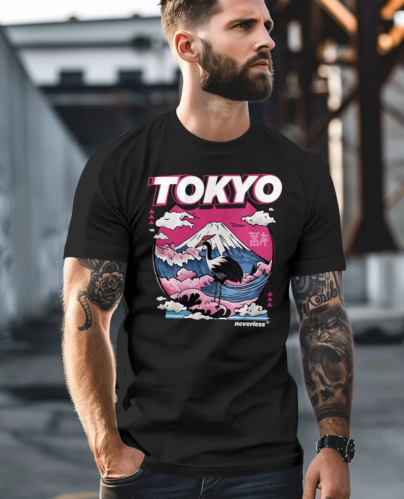 Herren T-Shirt Tokyo Japan Fuji Frontprint Grafik Japanische Schriftzeichen Männer Fashion Streetstyle