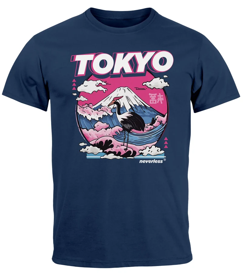 Herren T-Shirt Tokyo Japan Fuji Frontprint Grafik Japanische Schriftzeichen Männer Fashion Streetstyle