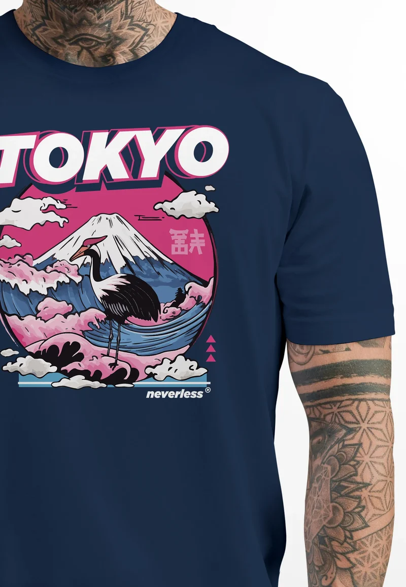 Herren T-Shirt Tokyo Japan Fuji Frontprint Grafik Japanische Schriftzeichen Männer Fashion Streetstyle