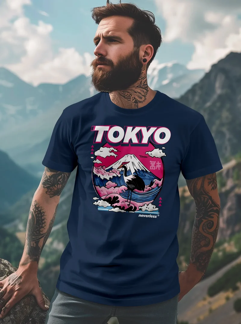 Herren T-Shirt Tokyo Japan Fuji Frontprint Grafik Japanische Schriftzeichen Männer Fashion Streetstyle