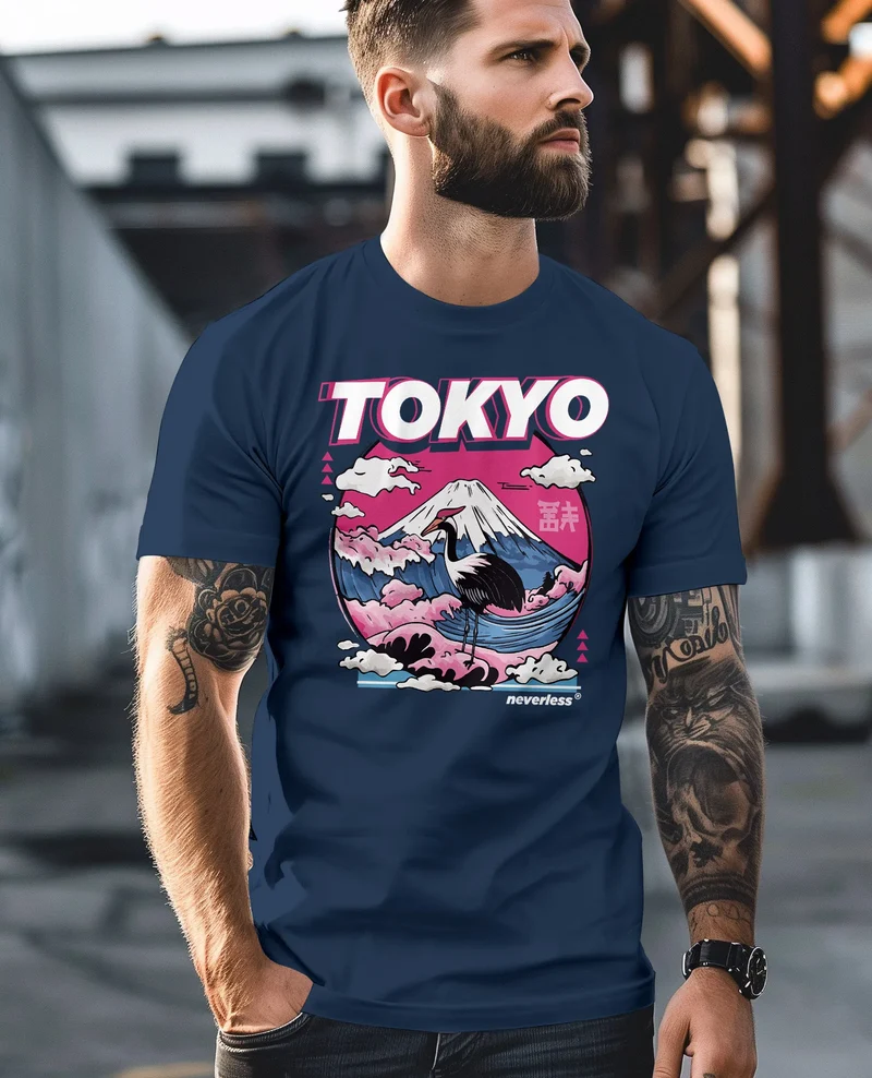 Herren T-Shirt Tokyo Japan Fuji Frontprint Grafik Japanische Schriftzeichen Männer Fashion Streetstyle