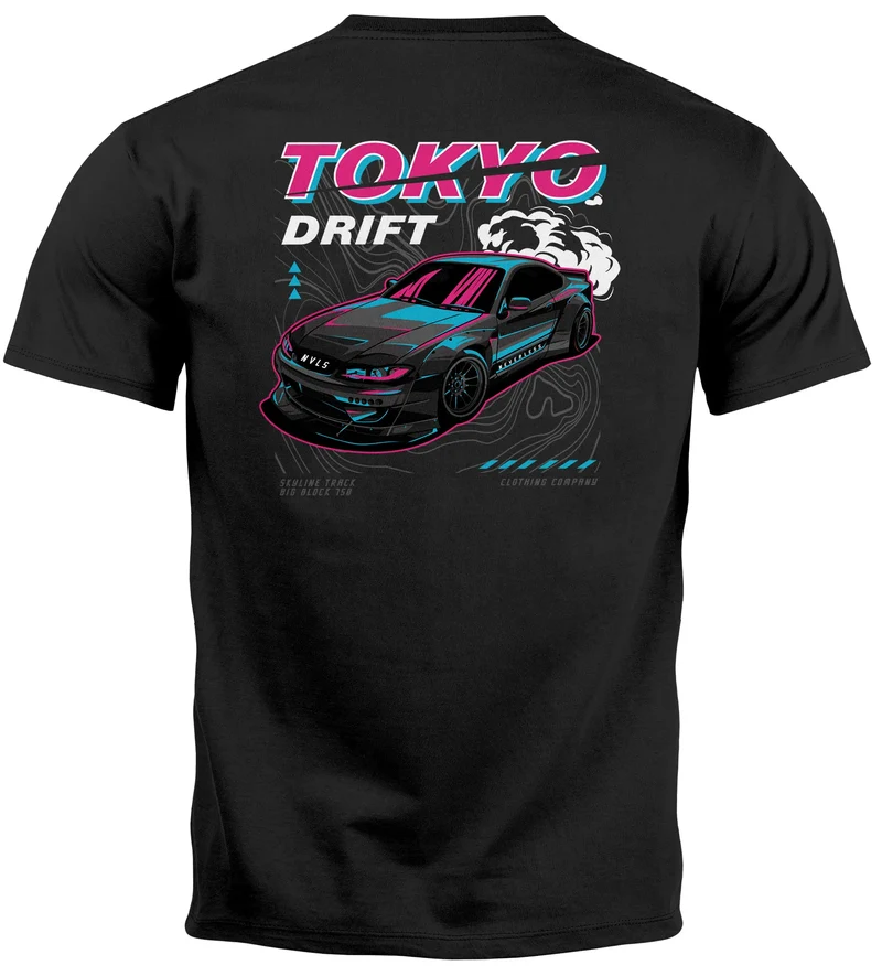 Herren T-Shirt Backprint und Brustlogo Tokio Japan Racing Car Urban Fashion Streetstyle