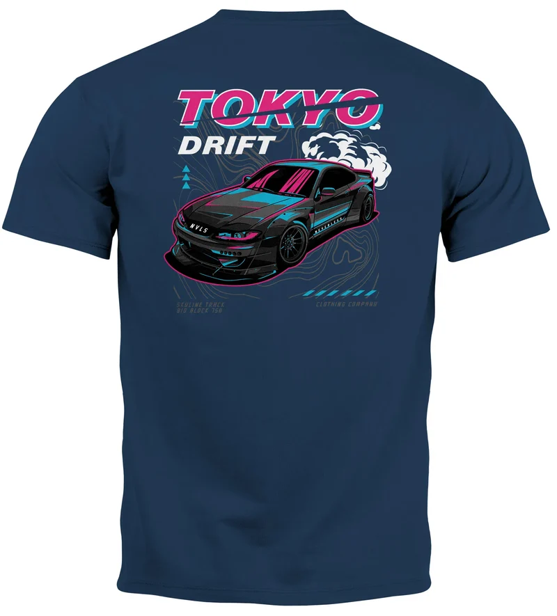 Herren T-Shirt Backprint und Brustlogo Tokio Japan Racing Car Urban Fashion Streetstyle