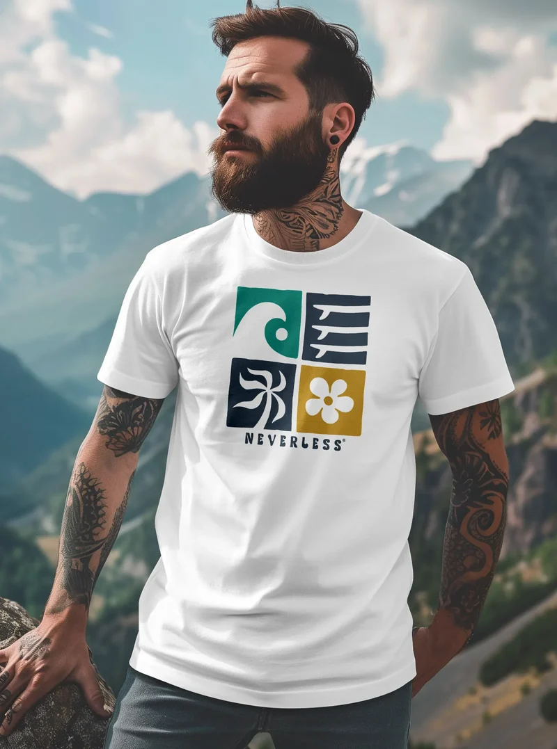 Herren T-Shirt Surfing Icons Welle Palme Maritim Männer Fashion Printshirt Streetstyle