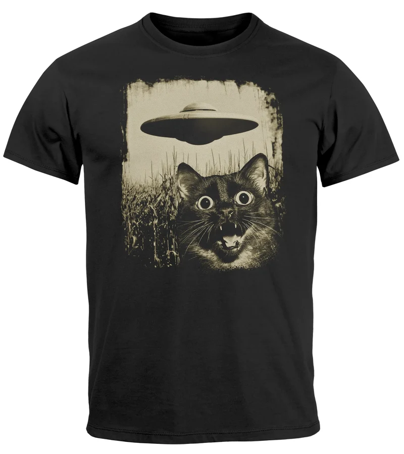 Herren T-Shirt UFO Katze Alien Print Aufdruck Printshirt Männer Fashion Streetstyle