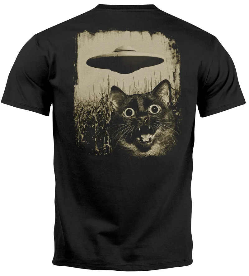 Herren T-Shirt UFO Katze Alien Print Aufdruck Printshirt Männer Fashion Streetstyle