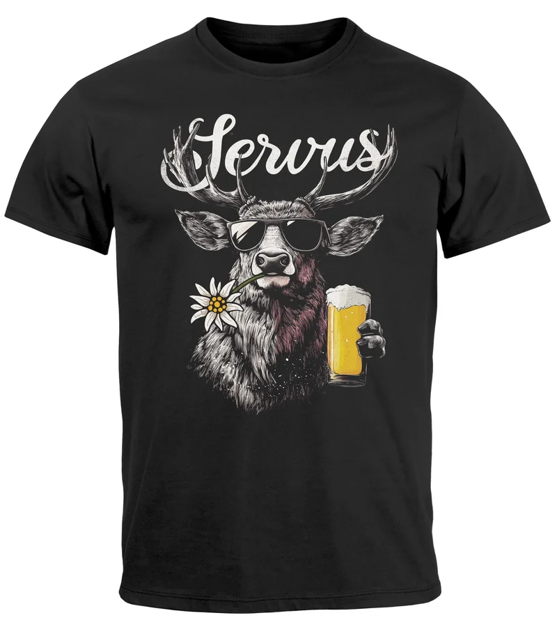 Herren T-Shirt Hirsch Tracht Modern Lustig Volksfest Bayern Servus Hallo Bier Fashion