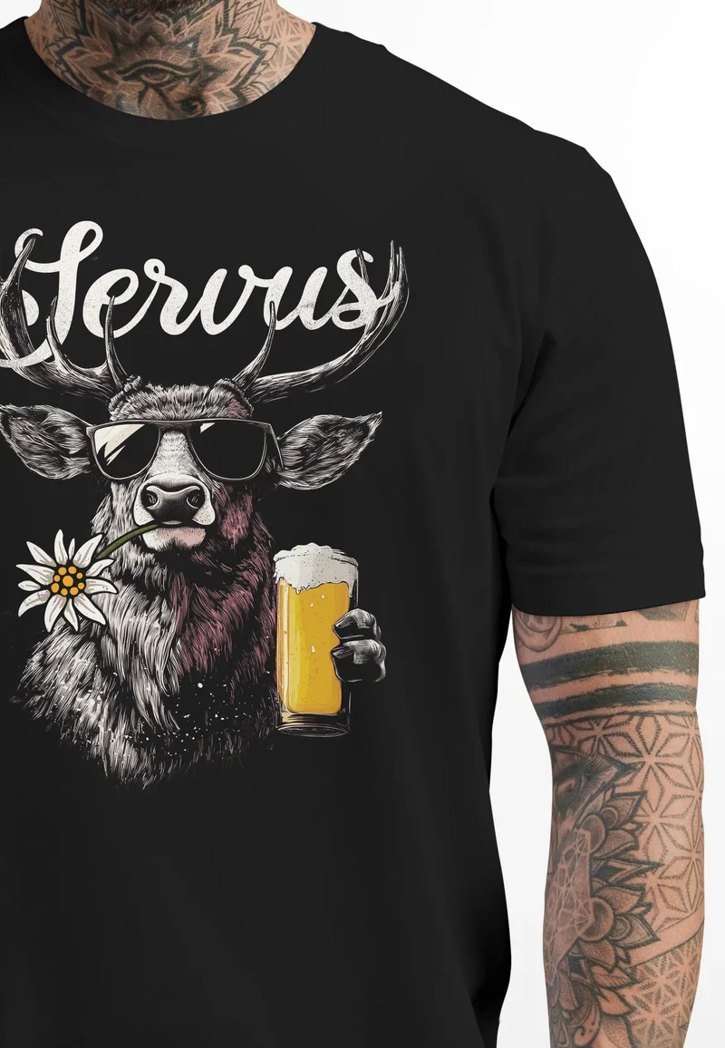 Herren T-Shirt Hirsch Tracht Modern Lustig Volksfest Bayern Servus Hallo Bier Fashion