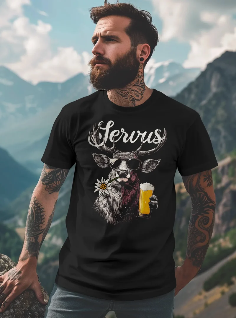 Herren T-Shirt Hirsch Tracht Modern Lustig Volksfest Bayern Servus Hallo Bier Fashion
