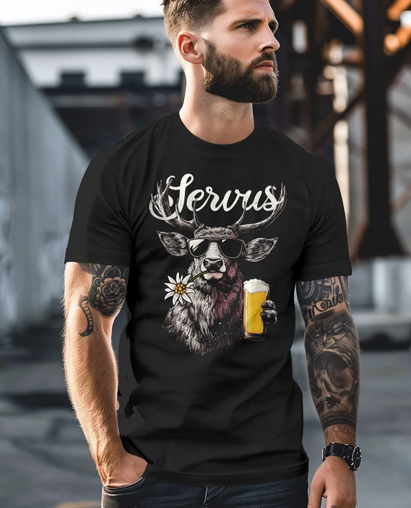 Herren T-Shirt Hirsch Tracht Modern Lustig Volksfest Bayern Servus Hallo Bier Fashion