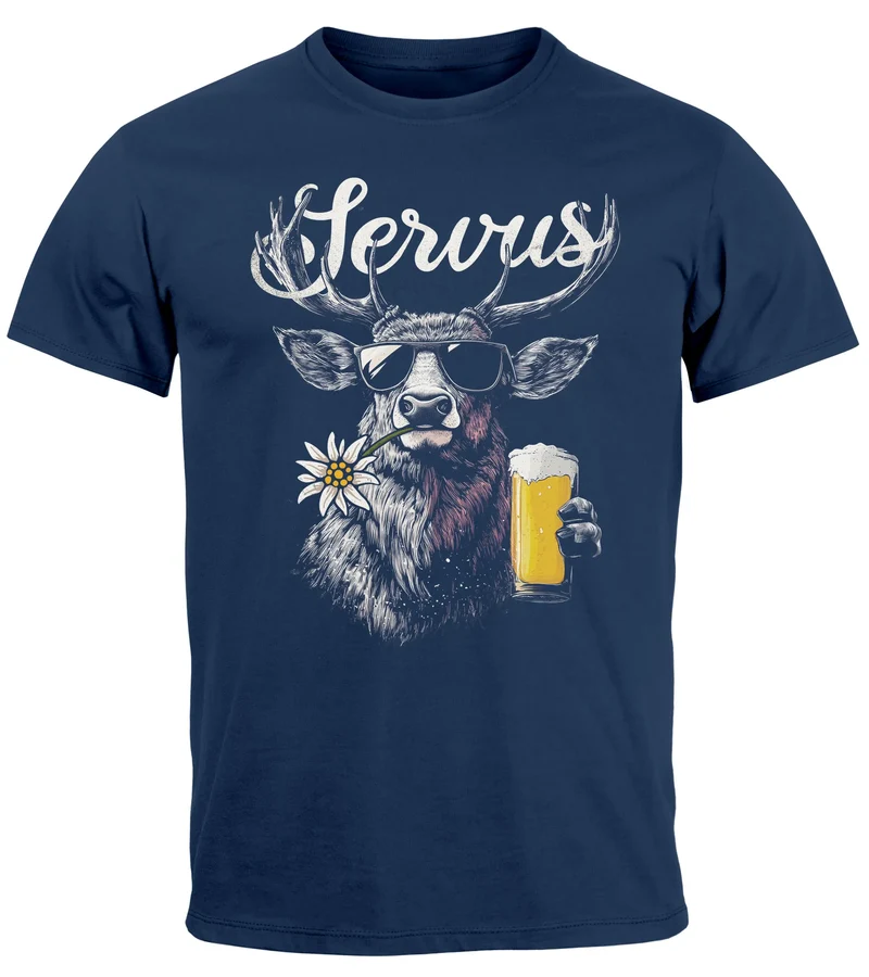 Herren T-Shirt Hirsch Tracht Modern Lustig Volksfest Bayern Servus Hallo Bier Fashion