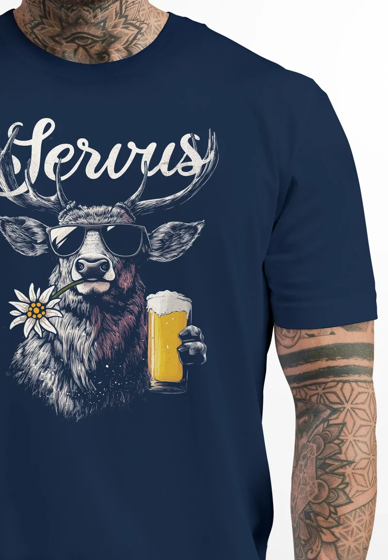 Herren T-Shirt Hirsch Tracht Modern Lustig Volksfest Bayern Servus Hallo Bier Fashion