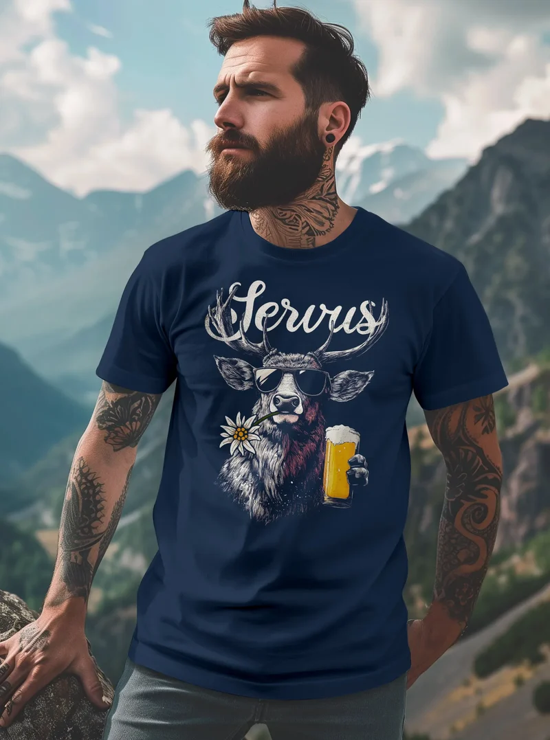 Herren T-Shirt Hirsch Tracht Modern Lustig Volksfest Bayern Servus Hallo Bier Fashion