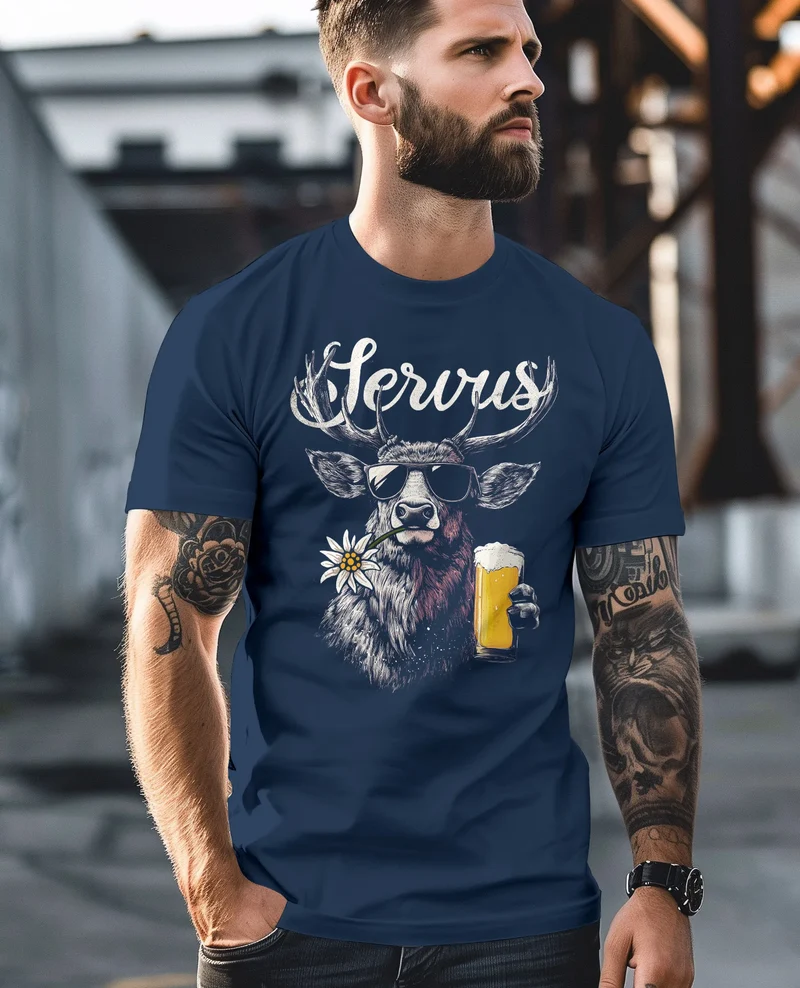 Herren T-Shirt Hirsch Tracht Modern Lustig Volksfest Bayern Servus Hallo Bier Fashion