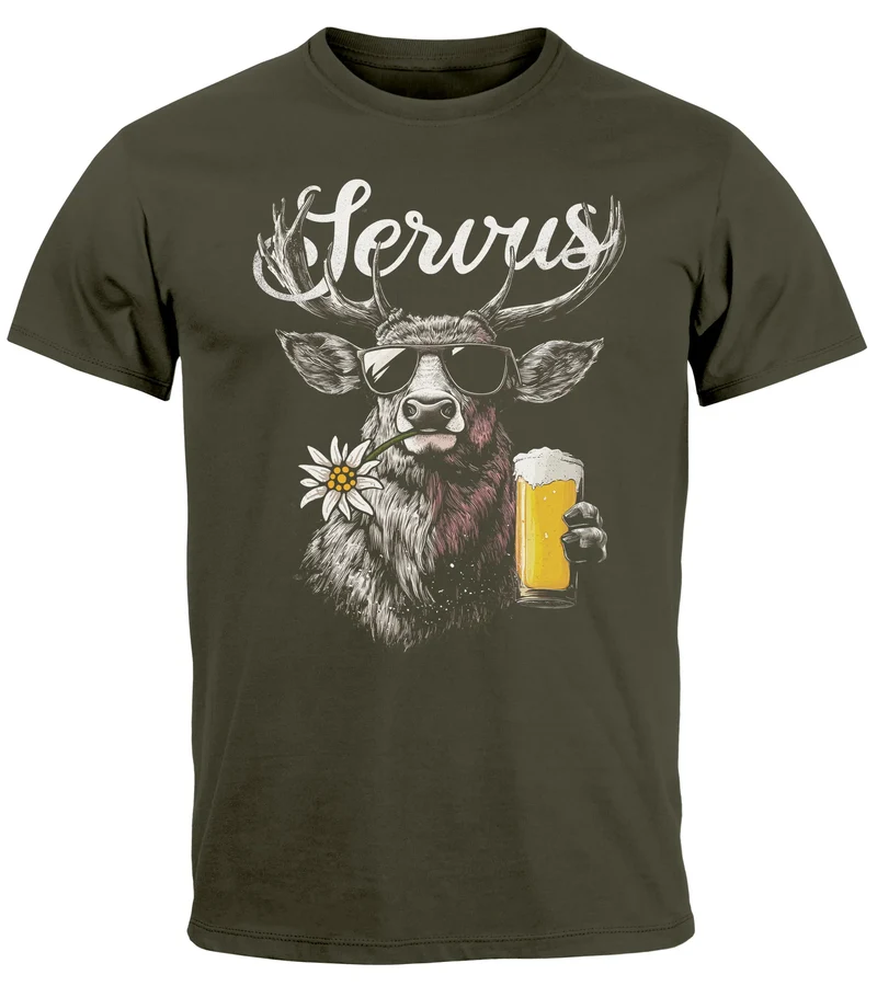 Herren T-Shirt Hirsch Tracht Modern Lustig Volksfest Bayern Servus Hallo Bier Fashion