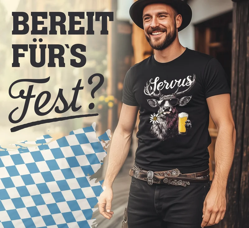 Herren T-Shirt Hirsch Tracht Modern Lustig Volksfest Bayern Servus Hallo Bier Fashion