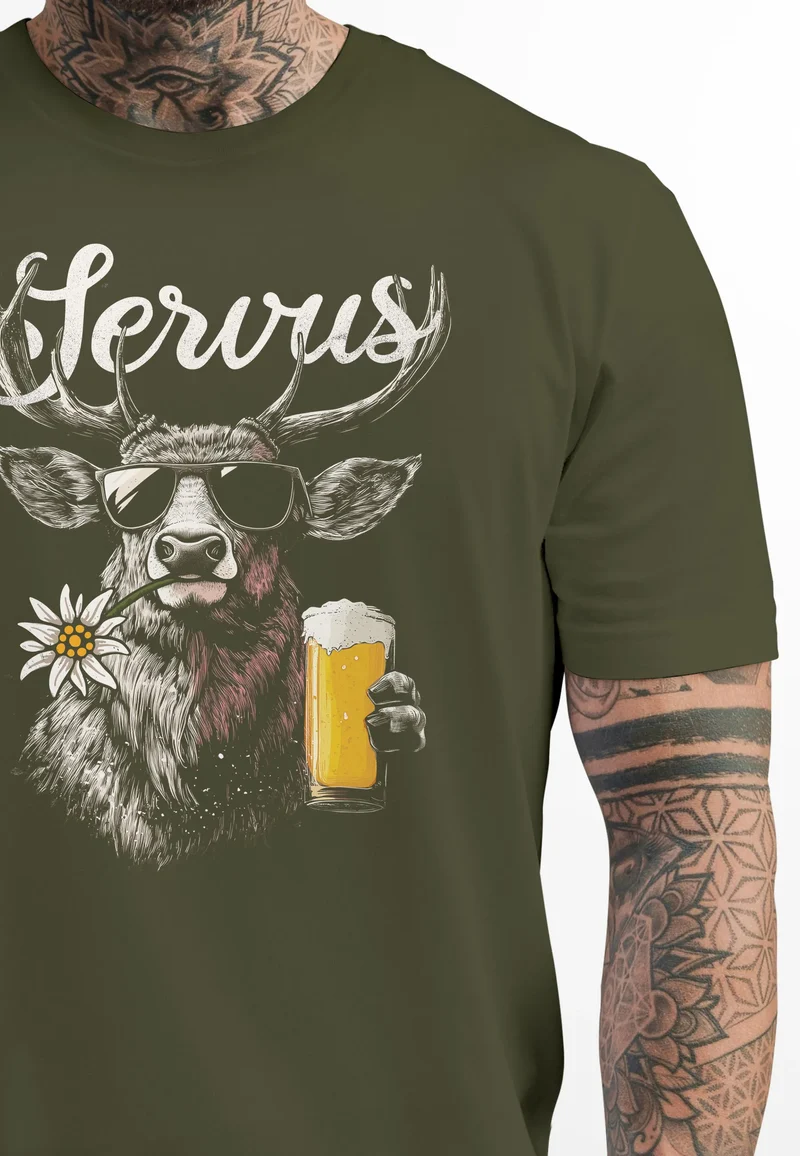 Herren T-Shirt Hirsch Tracht Modern Lustig Volksfest Bayern Servus Hallo Bier Fashion