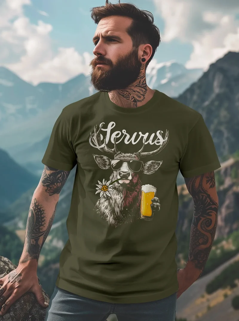 Herren T-Shirt Hirsch Tracht Modern Lustig Volksfest Bayern Servus Hallo Bier Fashion