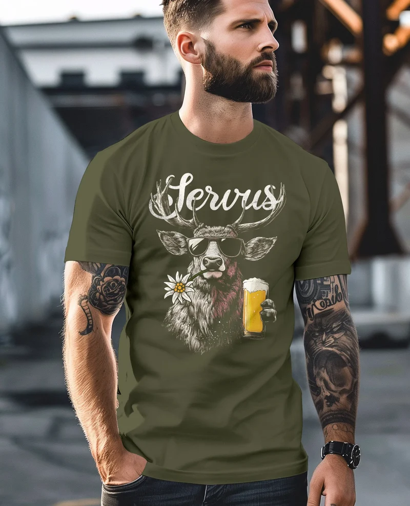 Herren T-Shirt Hirsch Tracht Modern Lustig Volksfest Bayern Servus Hallo Bier Fashion