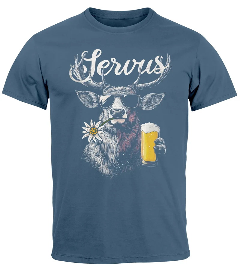 Herren T-Shirt Hirsch Tracht Modern Lustig Volksfest Bayern Servus Hallo Bier Fashion