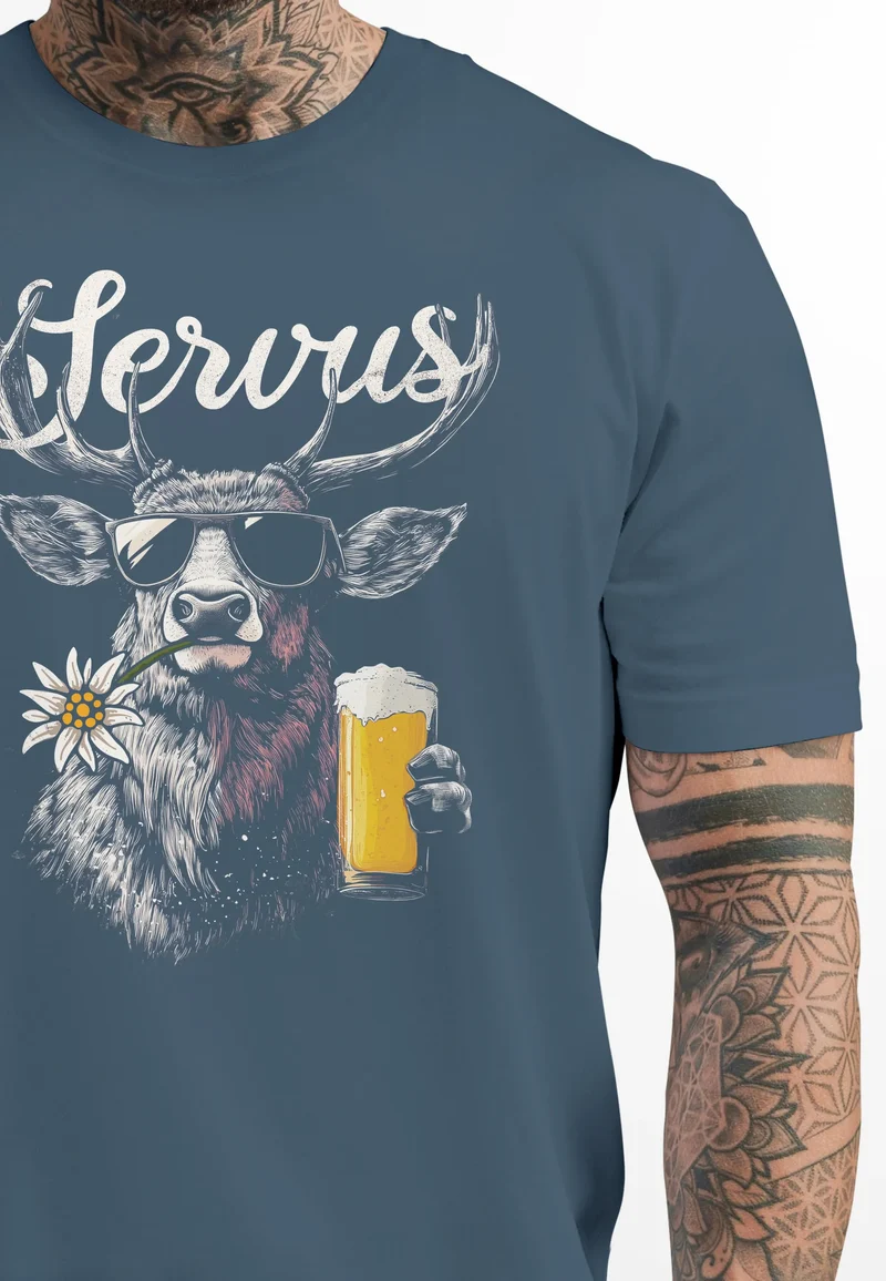 Herren T-Shirt Hirsch Tracht Modern Lustig Volksfest Bayern Servus Hallo Bier Fashion