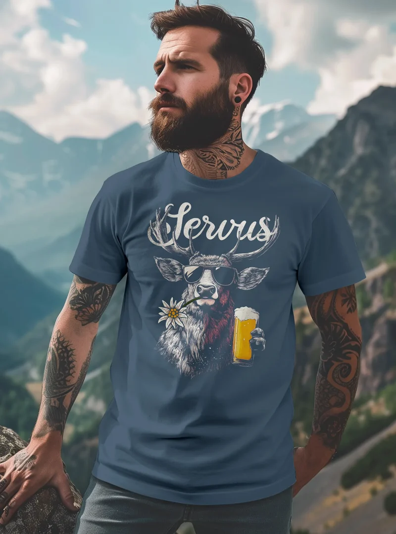 Herren T-Shirt Hirsch Tracht Modern Lustig Volksfest Bayern Servus Hallo Bier Fashion