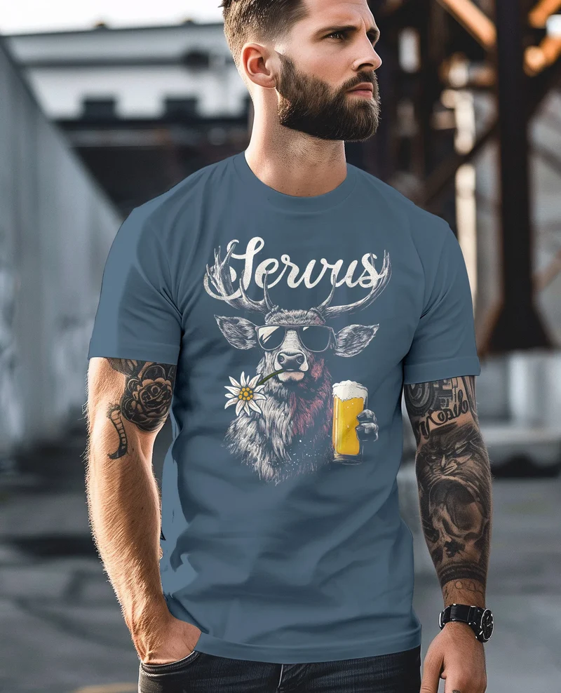 Herren T-Shirt Hirsch Tracht Modern Lustig Volksfest Bayern Servus Hallo Bier Fashion