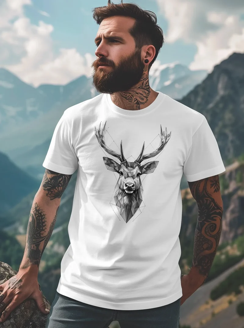 Herren T-Shirt Trachtenshirt Hirsch Tiermotiv WildTier Abstrakt Polygon Kunst Printshirt