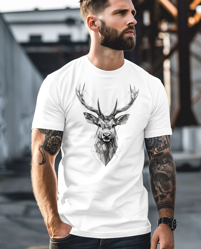Herren T-Shirt Trachtenshirt Hirsch Tiermotiv WildTier Abstrakt Polygon Kunst Printshirt