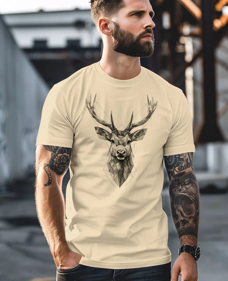 Herren T-Shirt Trachtenshirt Hirsch Tiermotiv WildTier Abstrakt Polygon Kunst Printshirt