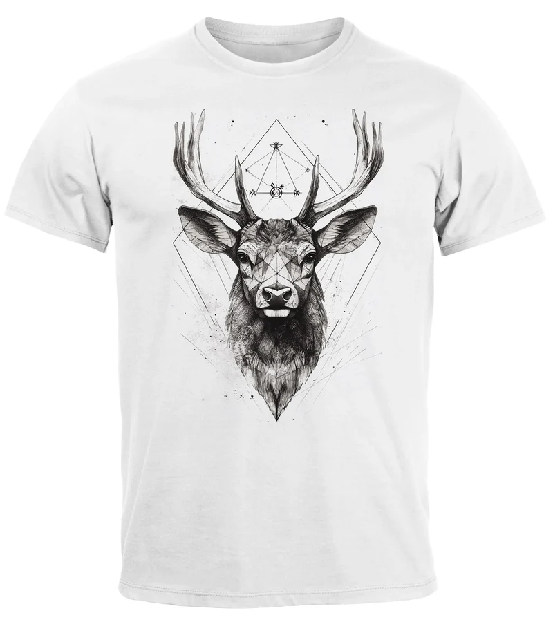 Herren T-Shirt Hirsch Trachtenshirt Tiermotiv WildTier Abstrakt Polygon Kunst Printshirt Fashion