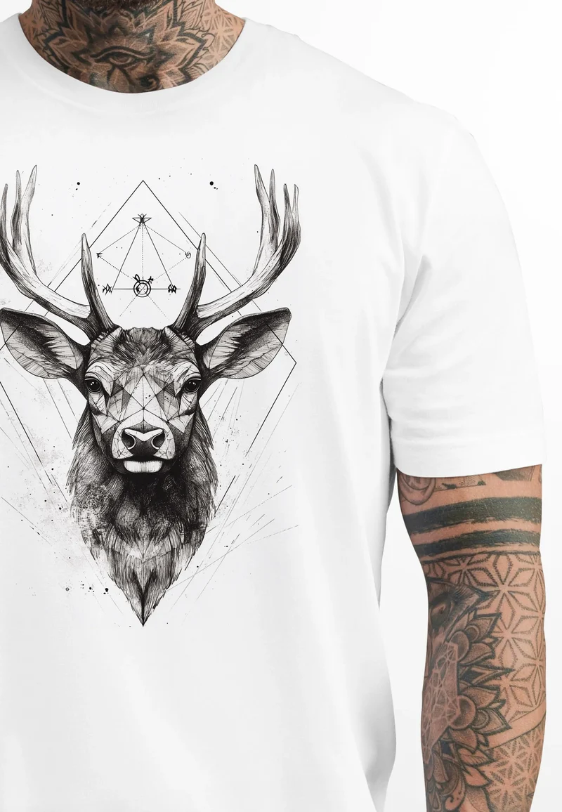Herren T-Shirt Hirsch Trachtenshirt Tiermotiv WildTier Abstrakt Polygon Kunst Printshirt Fashion